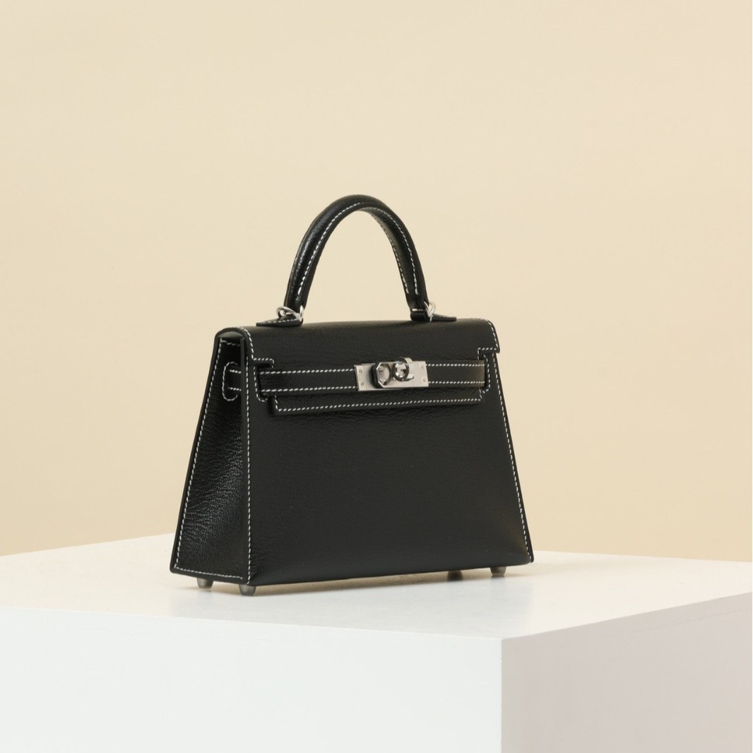 源头工厂全手工凯莉包二代法国原厂山羊皮黑色银扣单肩斜挎包