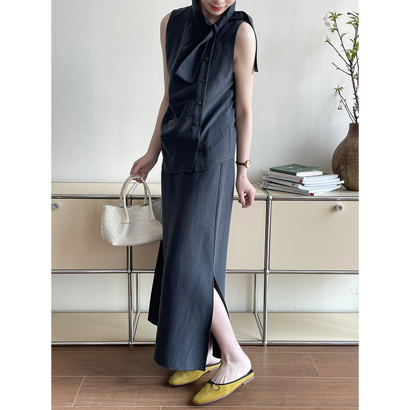 【Year-End Benefits, No Returns or Exchanges】Sleeveless Ribbon Shirt + High-Waisted Slit Skirt Two-Piece Set 2705