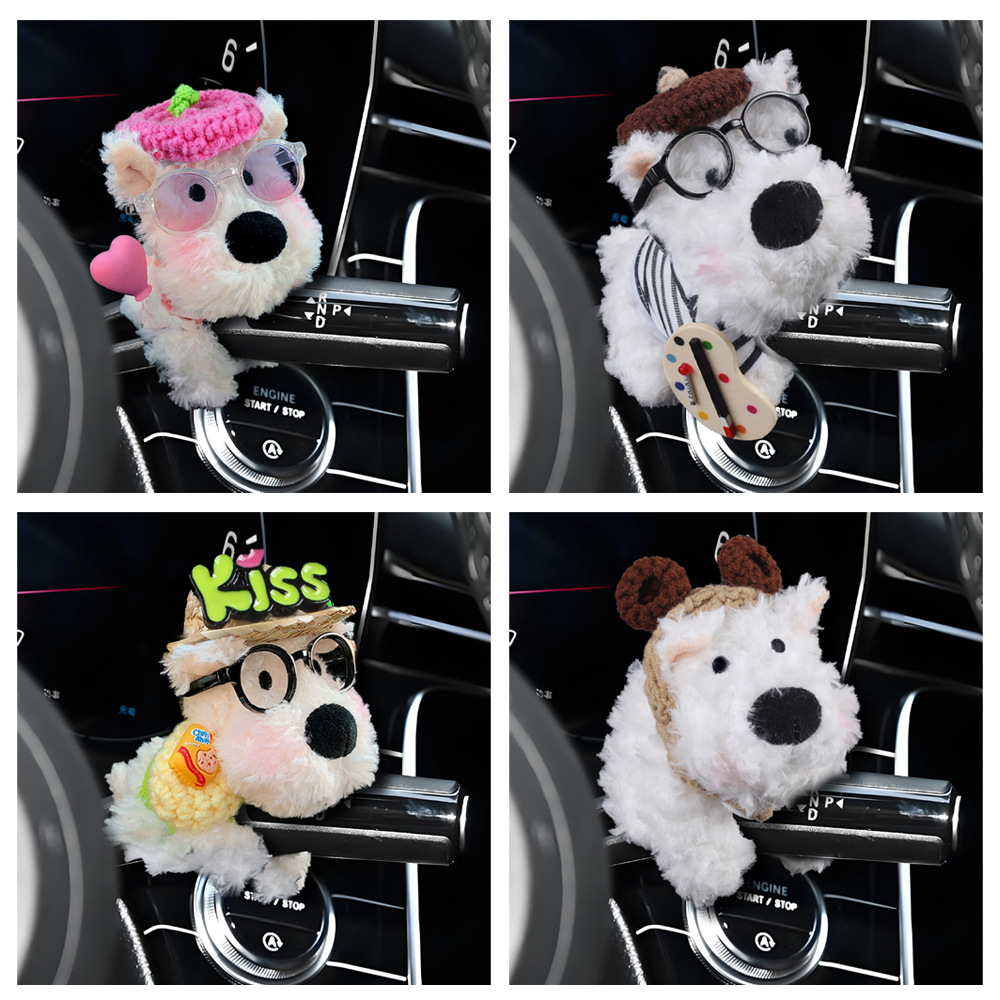 West Highland Car Gear Shift Decoration Plush Doll Wiper Turn Signal Car Interior Ornament for Women