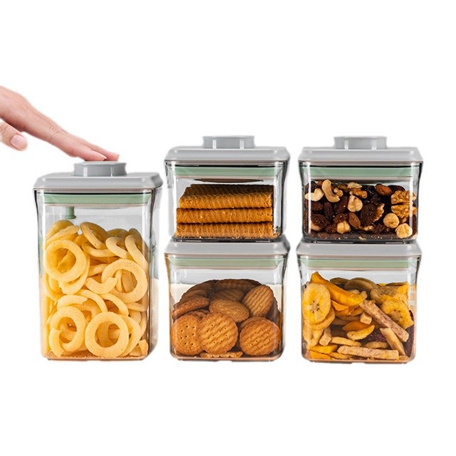 Botón seguro de cocina snack almacenamiento de granos caja de almacenamiento de granos caja de sellado de nueces dulces lata de sellado de alimentos domésticos