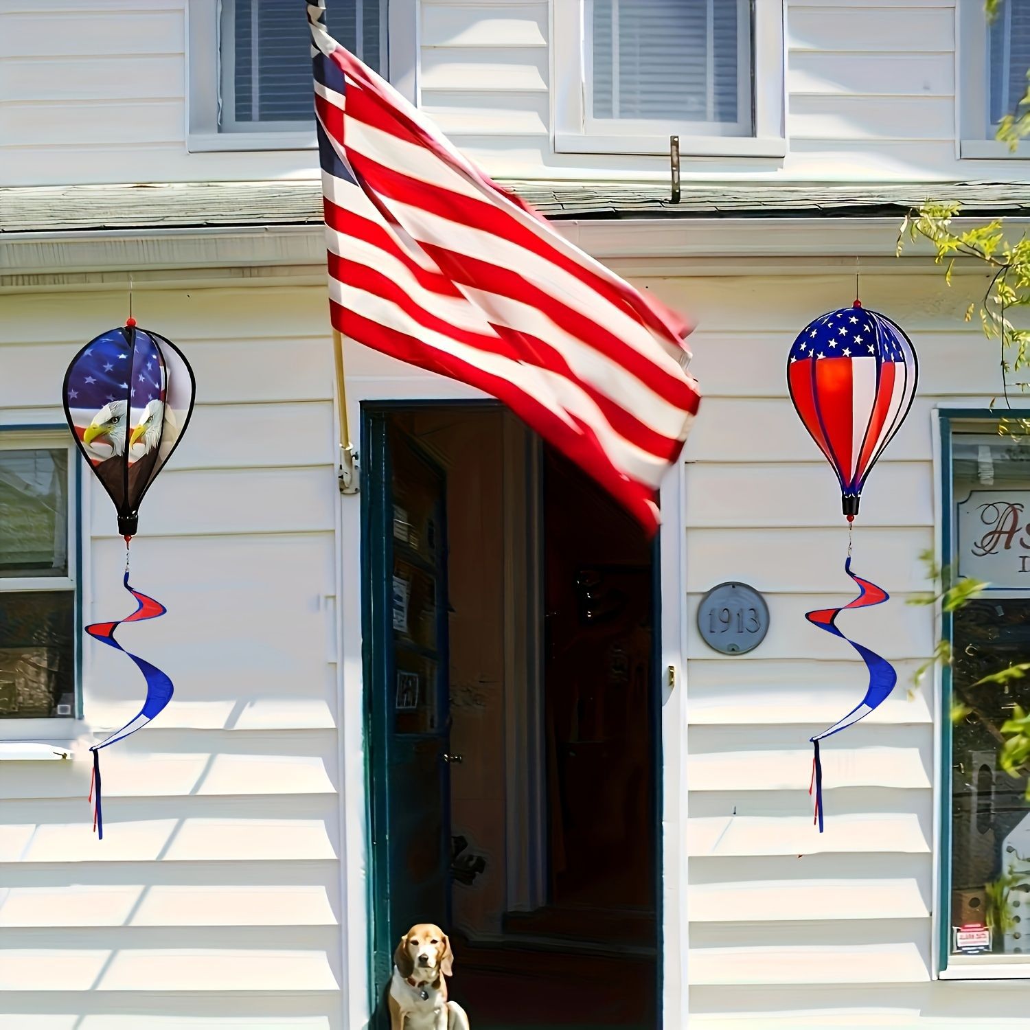 Suministro directo de fábrica en stock patriótico globo de aire caliente viento SPINNER jardín decoración molino de viento bandera americana colgando Flor al aire libre