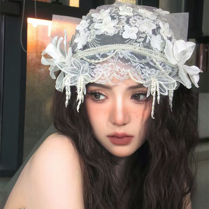 French vintage super fairy sweet bridal lace crystal tassel headpiece wedding dress photo shoot bridal headwear accessory