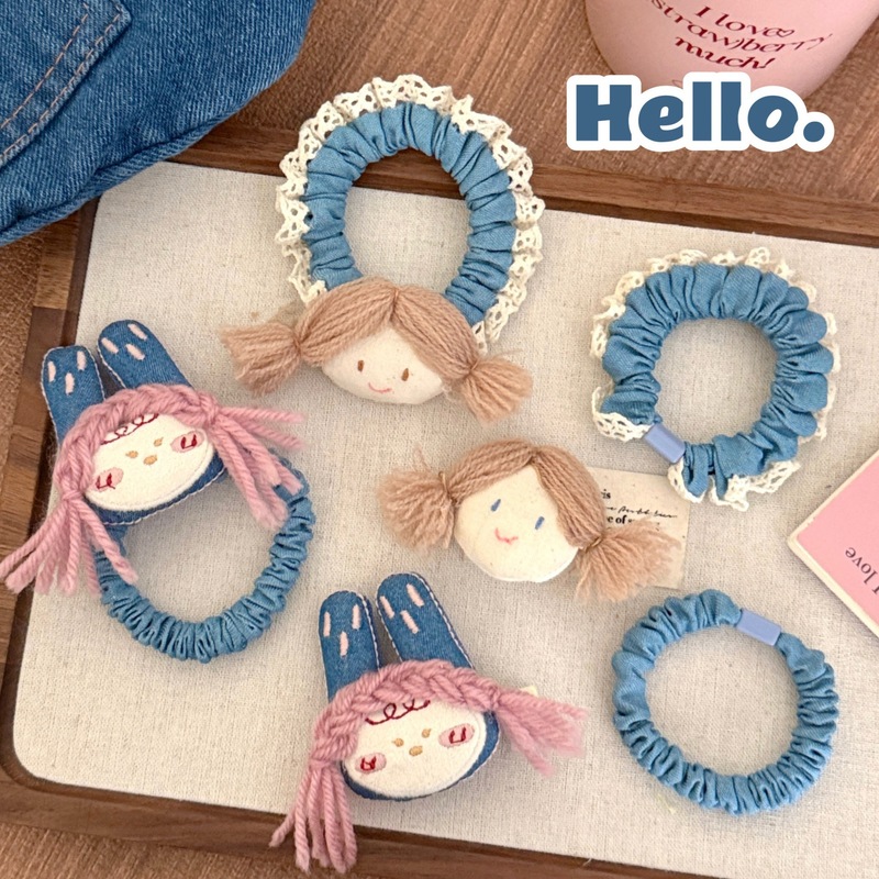 韩系甜美布艺娃娃发夹发绳可爱侧边碎发刘海夹高弹力马尾发圈发饰|undefined