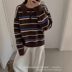 韩国新款毛衣套头针织衫polo领撞色条纹韩系时尚洋气宽松上衣女装