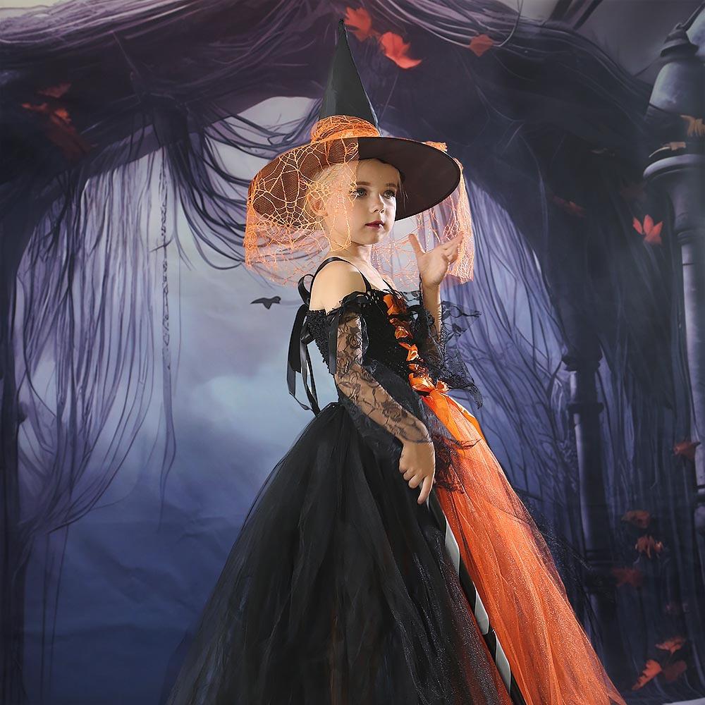 Halloween Niños Magos vestido vestido vestido de bruja Cosplay vestido de malla Tutu vestido de bruja