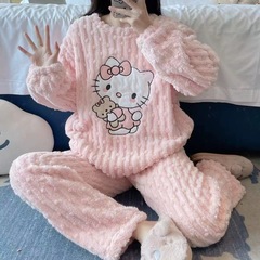 日系毛茸茸睡衣女秋冬可外穿珊瑚绒居家服外套卡通猫珊瑚绒睡衣女