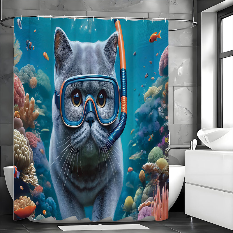 Amazon Polyester Shower Curtain Waterproof Hanging Curtain Digital Print Diving Cat Bathroom Shower Cloth Partition Screen