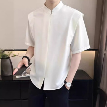 假两件拉链短袖衬衣男士2025夏季新款立领新中式冰丝垂感衬衫男潮