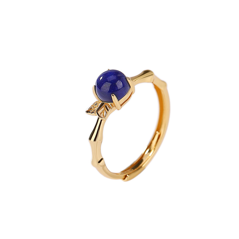 Nhẫn bạc S925 mạ vàng đính đá Lapis Lazuli hạt tròn phong cách cổ điển — Mở (một kích thước)