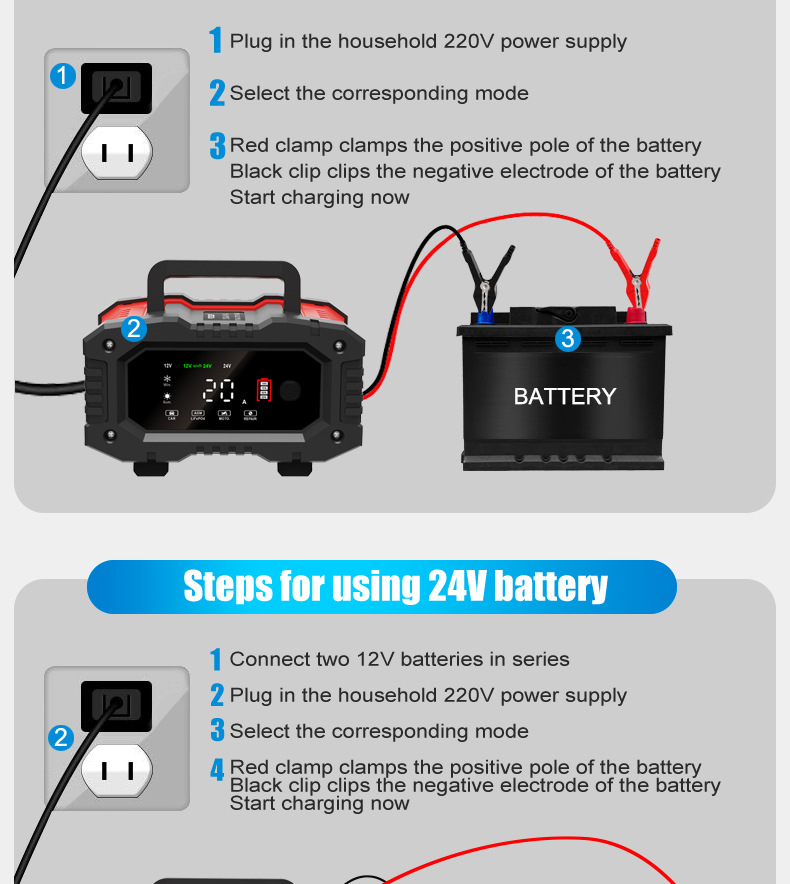 FOXSUR 20A手提款 300W 12V24V大功率便携式摩托车汽车电瓶充电器详情22