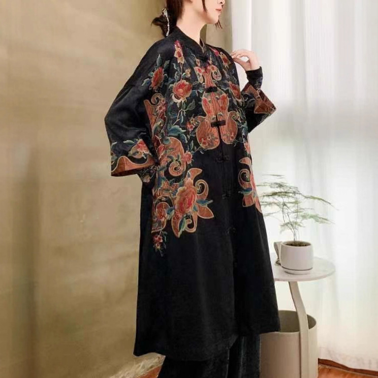 2025 New New Chinoiserie Jacquard Satin Embroidered Windbreaker Women's Ethnic Style Retro Stand-Up Collar Buttoned Mid-Length Jacket