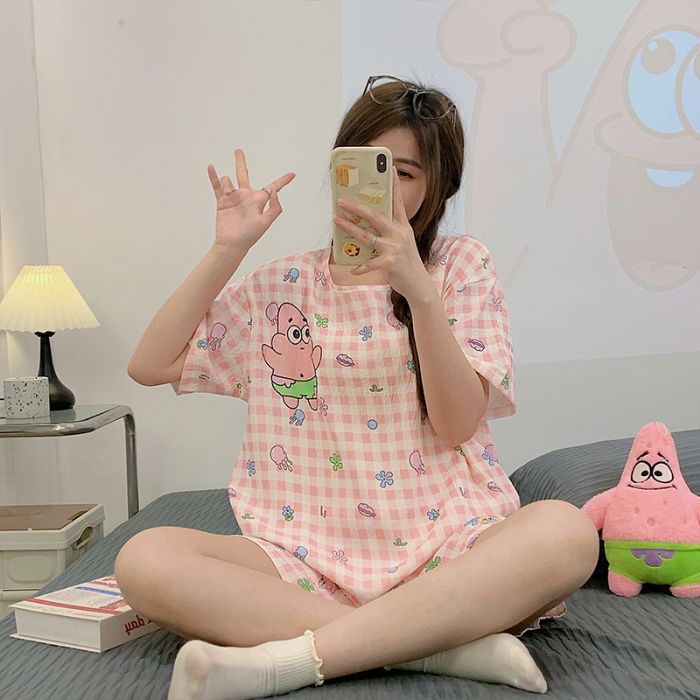 Venta al por mayor transfronteriza de pantalones cortos de manga corta pijamas mujeres nubes algodón verano nuevo estudiante dulce dibujos animados traje de servicio a domicilio oso