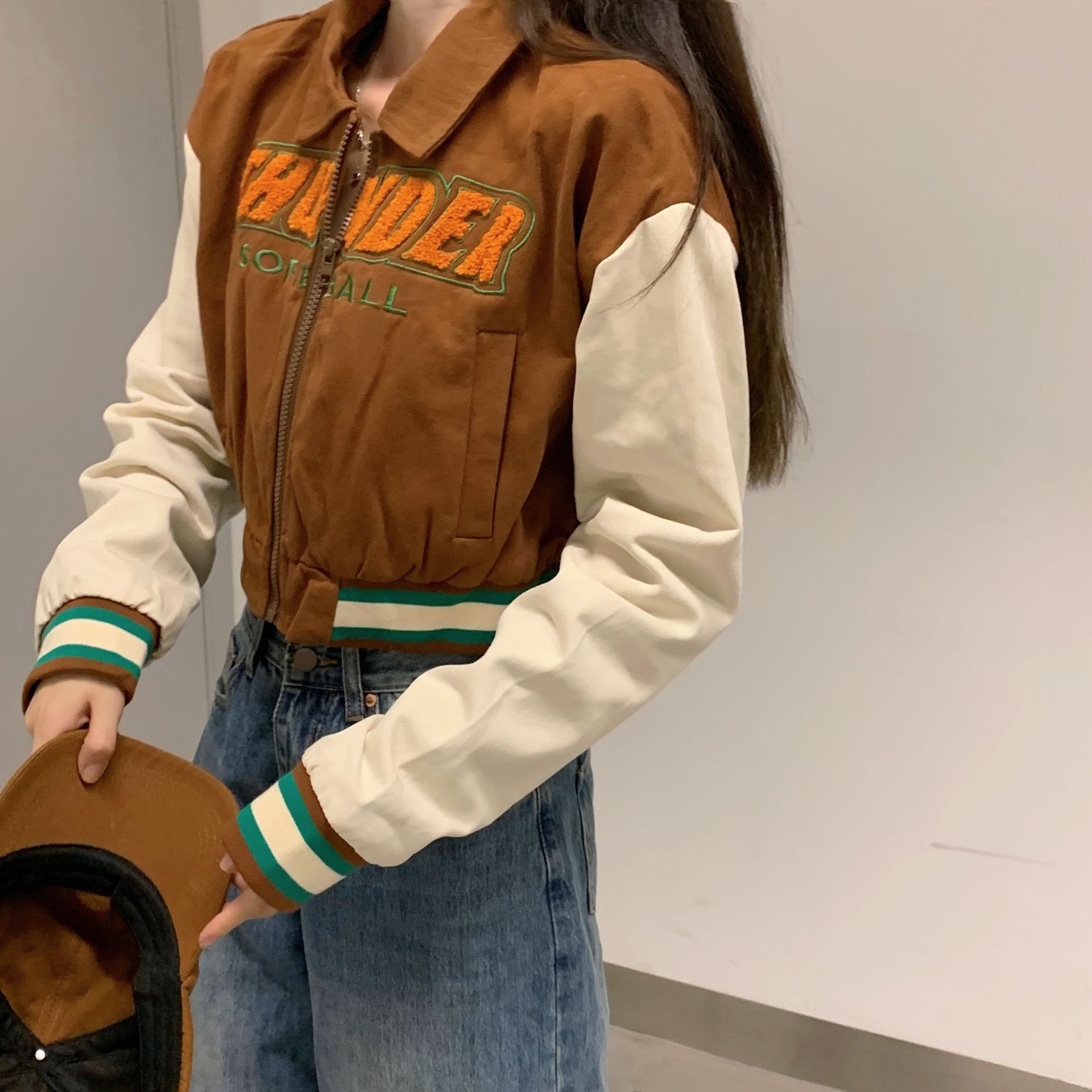 外贸虾皮美式复古辣妹短款vintage棒球服设计感小众夹克长袖外套