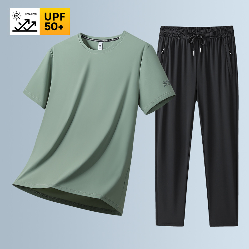 Quick dry sports suit, silk trousers, summer body-friendly summer clothing for gym, for running, with short sleeve 3