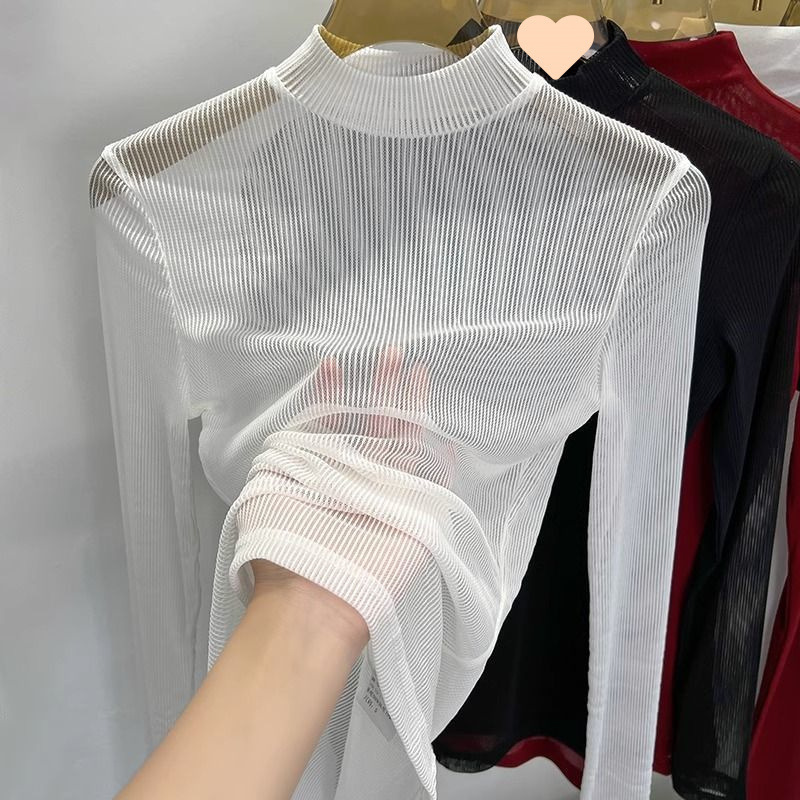 Half-high Collar Mesh Base Shirt Women's Transparent Yarn Jacket with Long Sleeve Perspective White Tight Thin Lace Top