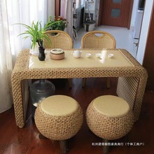 藤编客厅茶几藤艺榻榻米仿古阳台茶桌椅组合功夫茶桌地台桌五件套
