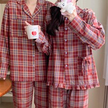 韩国ins女士新品长袖情侣装睡衣女春秋新款甜美格子家居服套装女