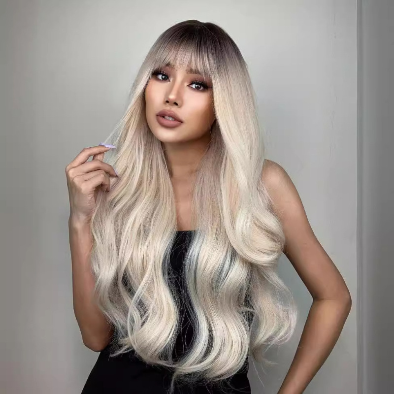 国境を越えた欧米のかつらの女性hairチー前髪長いカールグラデーションホワイトゴールド新製品メカニズム化繊頭カバーwigs|undefined