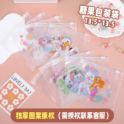Transparent PE Snack Packaging Bag with Cute Cartoon Rubber Band Decorative Storage Bag for Unicorn Students Zipper Pouch