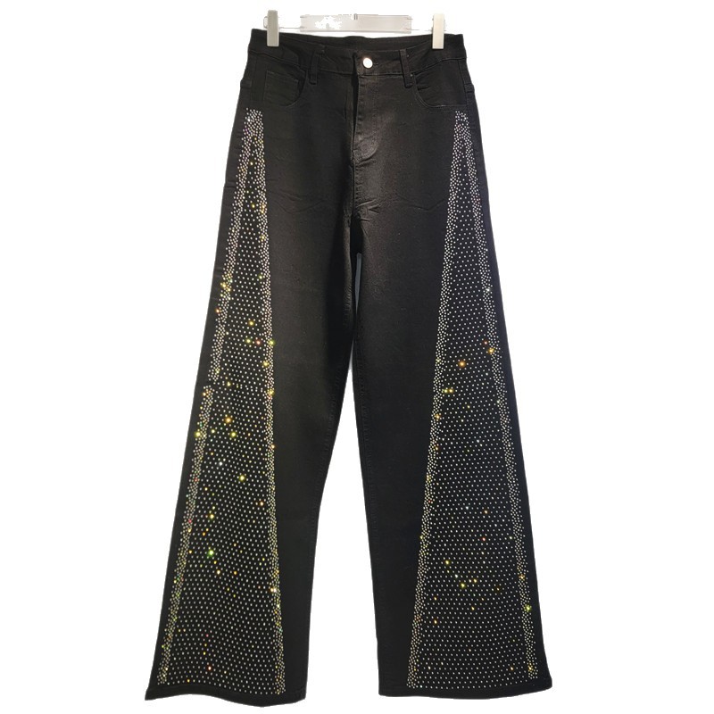 Brillante lateral diseño de taladro caliente jeans elásticos de primavera de mujer nuevos pantalones de piernas largas de cintura alta sueltos delgados