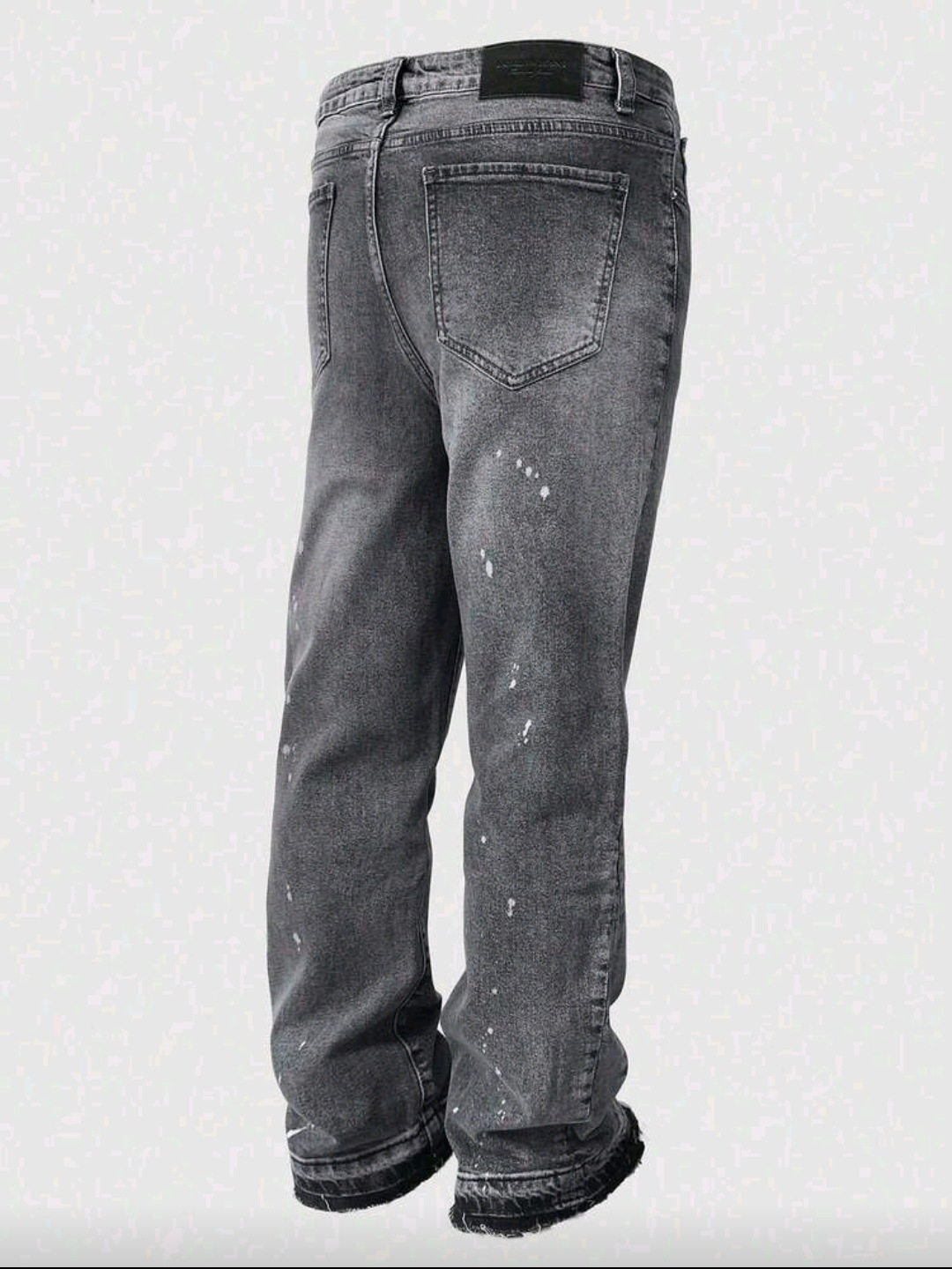 Men's Retro Washed Grey Distressed Splatter Paint Wide Leg Jeans_voghion.com
