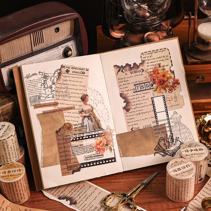 Romántico retrógrado Inglés escritura de mano paisaje y cinta adhesiva Diy Retrógrado Inglés escritura de mano pegatinas rollos