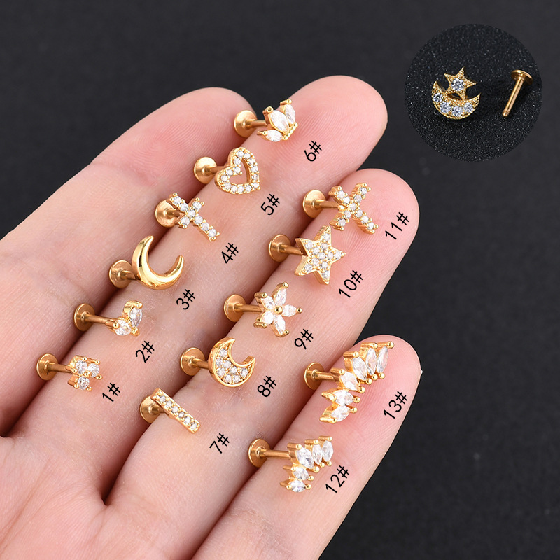 Geometric, Moon, Heart Shape Pattern Unisex Gender Plating, Inlay Design Classic Style Streetwear Geometric Moon Heart Shape Stainless Steel Copper Zircon Lip Stud Nose Studs In Bulk Nose Pin