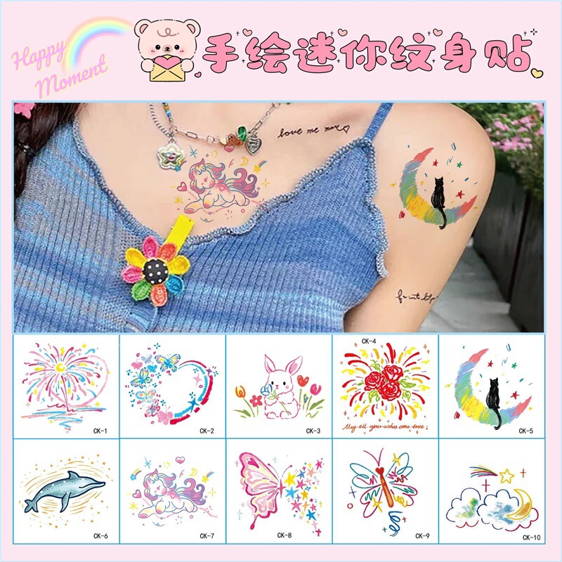 Creative Dopamine Graffiti Colorful Tattoo Stickers Ins Style Waterproof Long-Lasting Girly Cartoon Cute Fashion Tattoo Stickers Creative Dopamine Graffiti Colorful Tattoo Stickers Ins Style Waterproof Long-Lasting Girly Cartoon Cute Fashion Tattoo Stickers