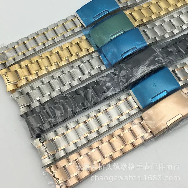 European solid stainless steel curved steel band for men and women elbow strap unilateral folding buckle three-ball steel band watch accessories