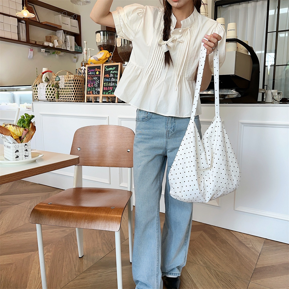 90g Weight Poplin Lining Material 19695304699 Fashion Element Open Closure Type Double Shoulder Straps Strap Type Tote Bag Bags Type Travel, Daily Occasion Canvas Material Round Dots Pattern All Seasons, Spring&Summer Season Women's Gender Streetwear Style Square Shape Medium Size 45262 New Polka Dot Canvas Bag Women's Large Capacity Bag College Students Class Canvas Bag Special-Interest Shoulder Bag 11