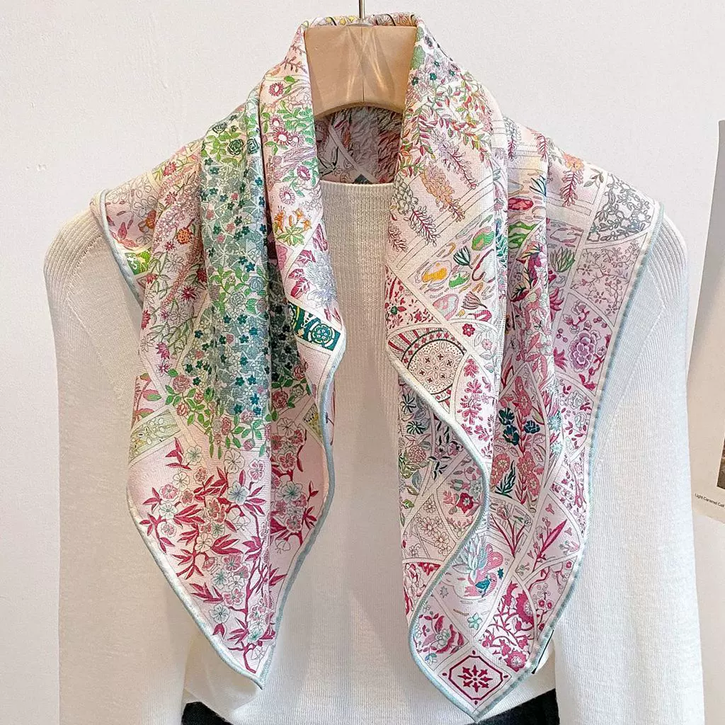 新款法式复古真丝羊毛方巾秋冬季洋气中方巾双面异色丝毛围巾女