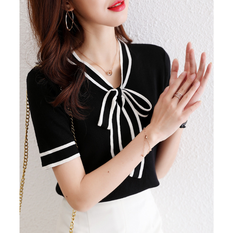 Bow color matching lace-up short sleeve summer elegant temperament small shirt fashion navy collar ice silk T-shirt knitted top