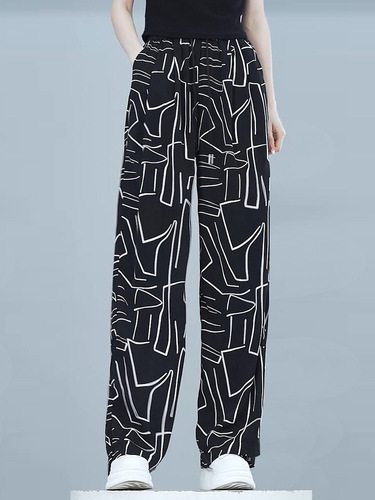 Mid-to-Old Age Mother Straight Leg Straight Leg Pants Quick-Drying Ice Silk Summer Thin Version Loose Chiffon Casual Fat Person Flowery Pants