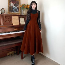 大码秋冬季新中式微胖mm显瘦法式气质丝绒长袖吊带连衣裙两件套装