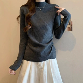 大码女装半高领设计感长袖针织衫女秋冬胖妹妹内搭显瘦毛衣打底衫