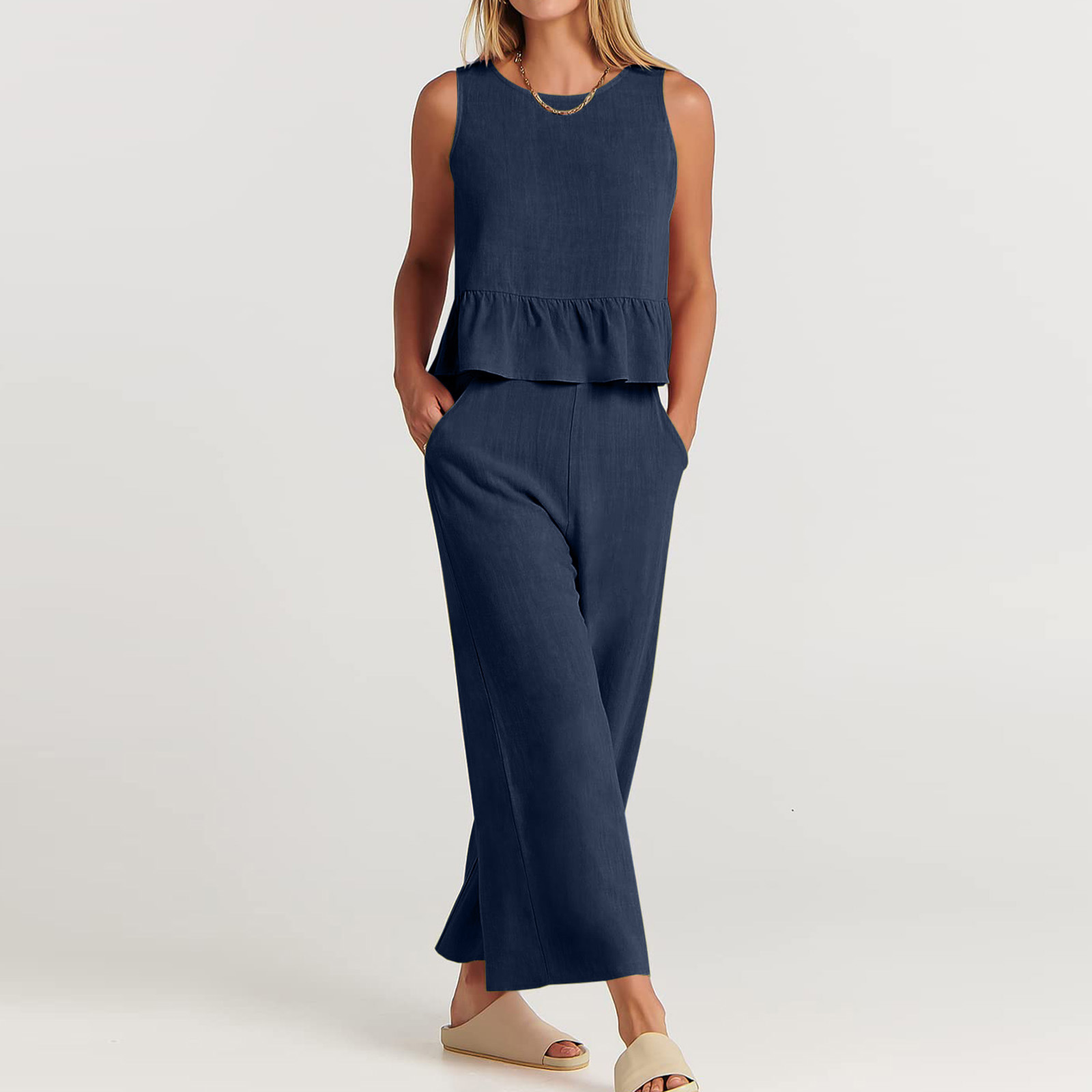 2 Piece Set Quantity Daily Occasion Round Neck Neckline Comfort Function Daily Women'S Casual Solid Color Cotton Cotton And Linen Pant Co-ord Set Pants Sets