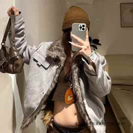 美式毛毛拼接立领加绒甜酷宽松休闲加厚叠穿秋冬款短外套情侣夹克