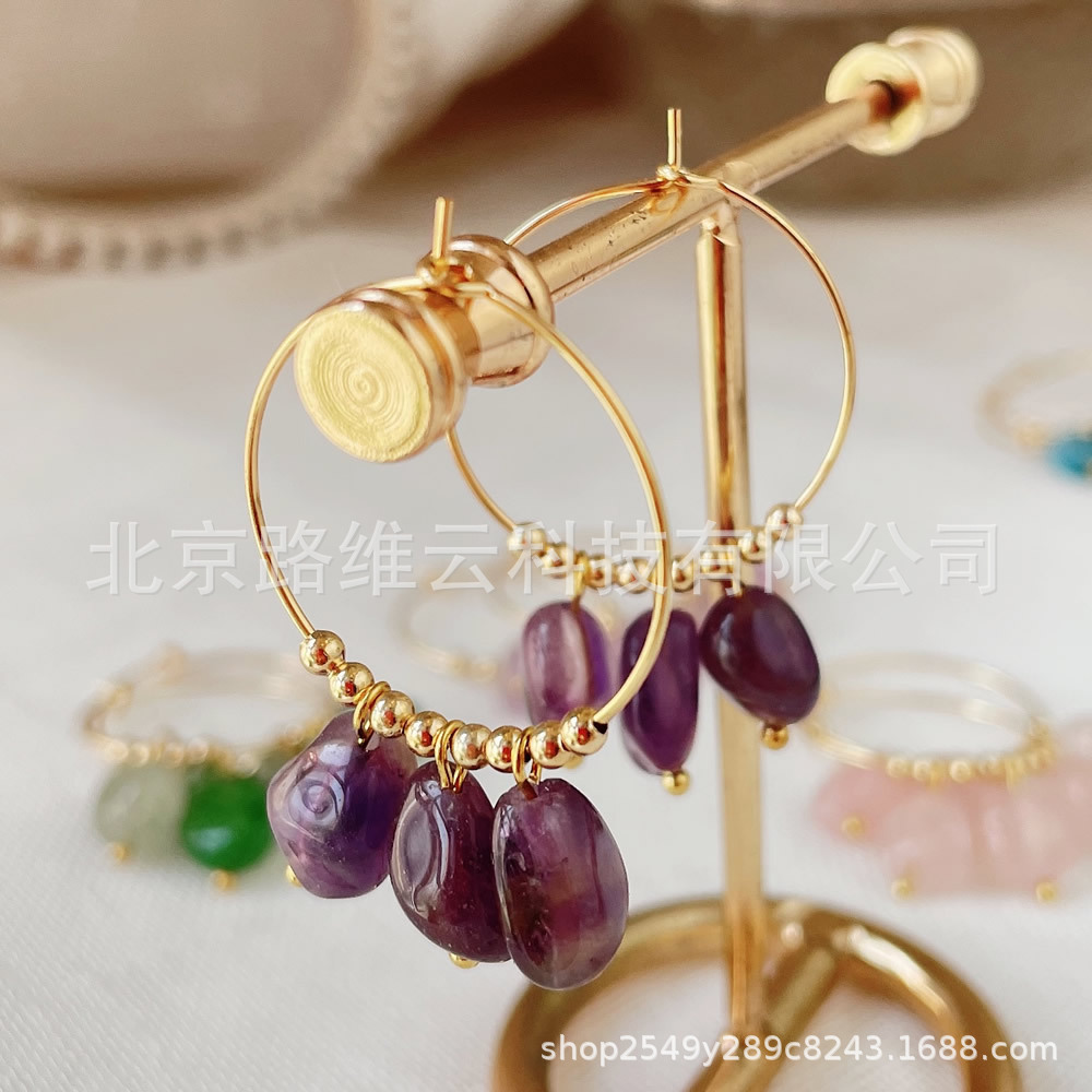 Europa y los Estados Unidos semipreciosa natural cristal lingüizo pendientes de perla amatista irregular pendientes de acero de titanio pendientes de acero mujeres