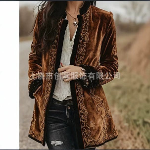 Cross-border independent station elegant style long-sleeved lapel printed women's jacket 2026 autumn velvet suit hot sale 3D print Cross-border independent station elegant style long-sleeved lapel printed women's jacket 2026 autumn velvet suit hot sale 3D print