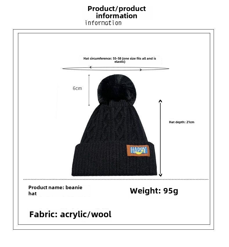 Wintermütze aus Wolle mit Fleecefutter, dicke, warme Strickmütze aus dem Nordosten, für Damen, großer Kopf, Ohrenschutz, Haarballmütze, weiße Ballmütze_voghion.com