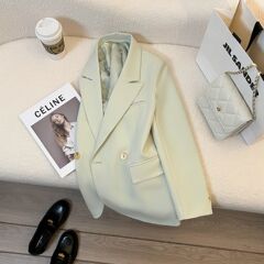 绿色西装外套女新款春秋装韩版宽松小众设计感休闲西服上衣