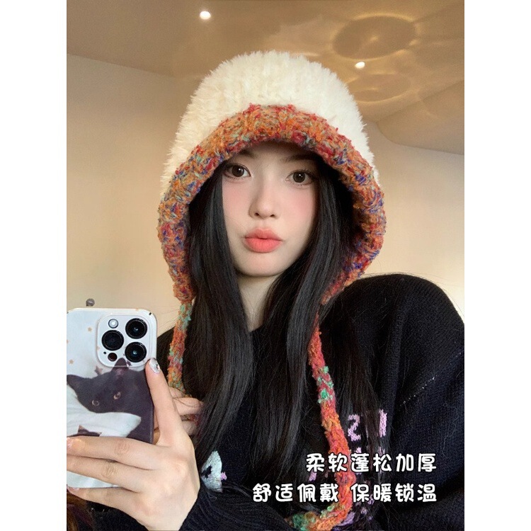 毛绒针织帽子女秋冬手工大头围包包帽加厚保暖毛茸茸显脸小护耳帽|undefined