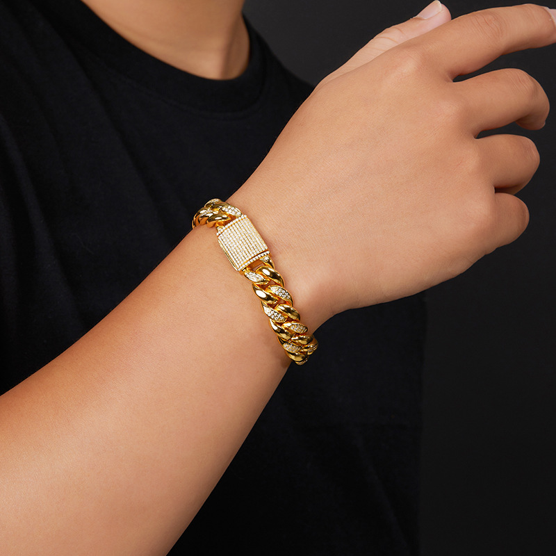 s925 plata mosaico 14MM ancho pulsera de moda hip-hop cubana para hombres Europa y América transfronteriza TK fábrica directa