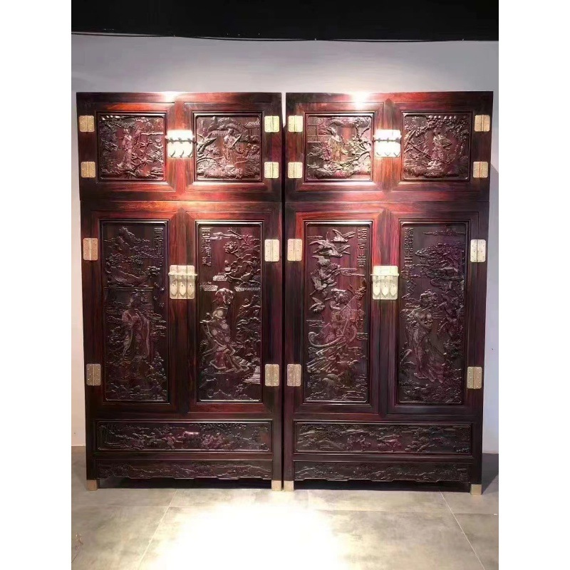 Laos Rosewood Cochin Rosewood Deep Carved Four Beauties Inlaid Silver Wire Top Chest Cabinet Bedroom Wardrobe