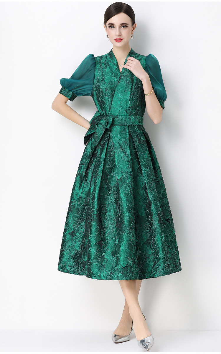 Đầm maxi nữ thắt eo V cổ tay ngắn họa tiết jacquard thanh lịch — màu đen, xanh lam, Màu hồng, màu trắng chi tiết 6
