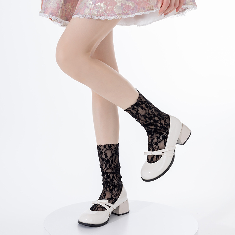 Calcetines de pila de estilo fino de verano, flor de encaje, medias jk huecas, estilo de ballet, malla transpirable, chica miu, tubo medio