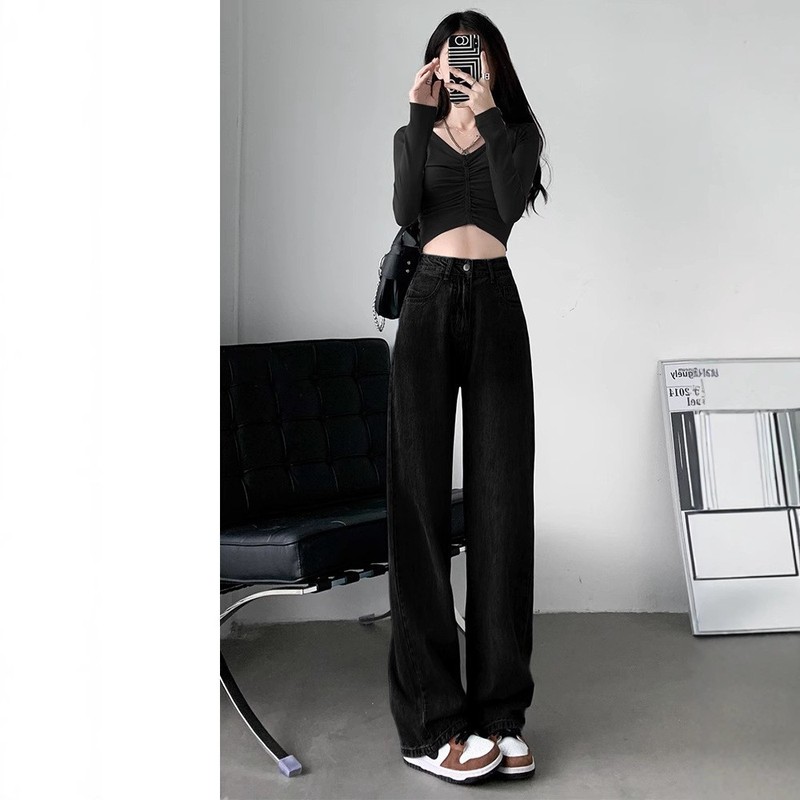 高腰直筒牛仔裤女春秋季薄款2025新款小个子宽松直筒阔腿拖地裤子|undefined