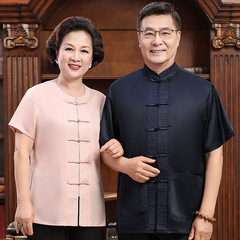 中高年唐装メンズお父さん夏半袖老人服中国風綿麻カップルスーツ夏服シャツ