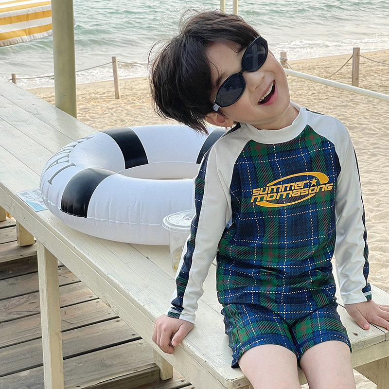 New Children's Korean-style Long-sleeved Plaid Swimming Suit for Boys and Babies with Quick-drying Summer Beach Swimming Suit Trendy
