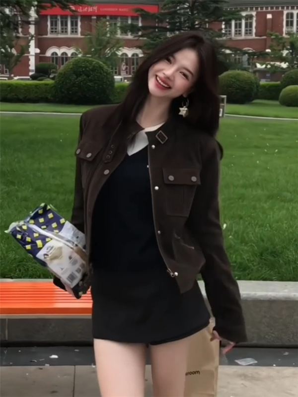 美式复古辣妹立领夹克外套女秋季新款宽松短款工装巨好看的上衣|undefined